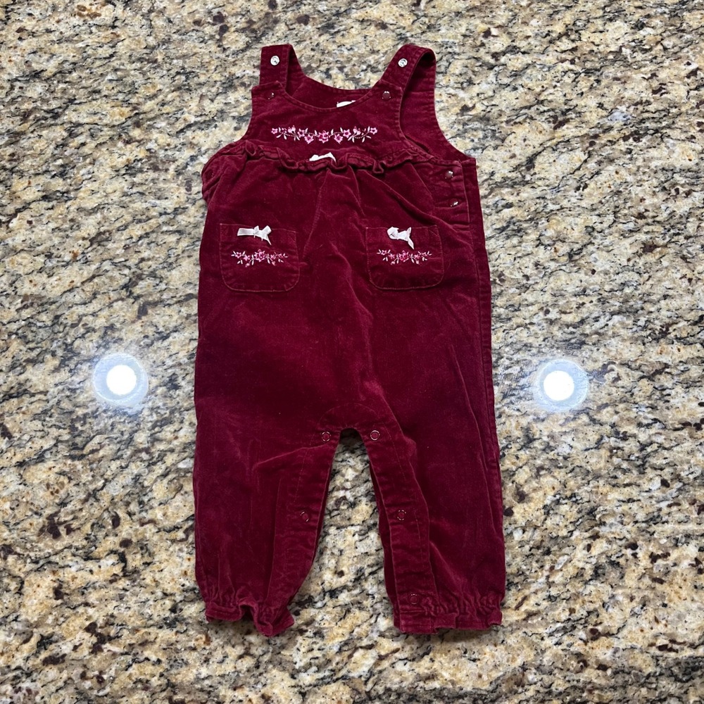 First Moments Layette Burgundy Corduroy Floral Embroidered Overalls 6-9M